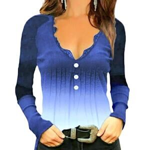 Jersey Knit Ombre Lace Shirt V-Neck Long Sleeve Pullover Tee Top Blue White